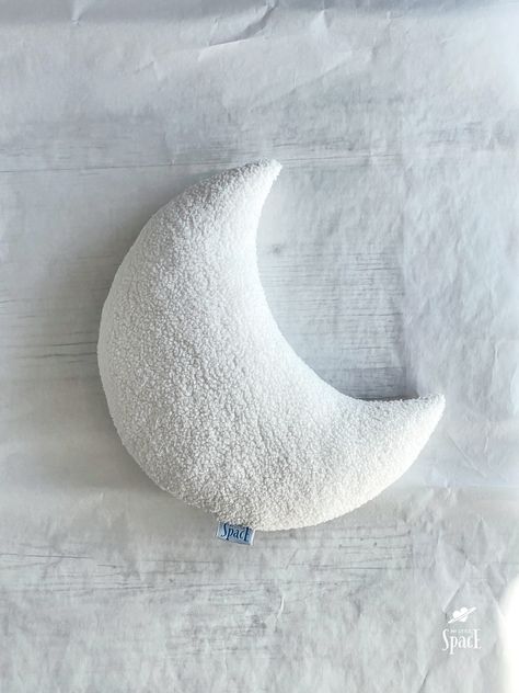 This lovely moon cushion is soft to the touch and super cute. Beautiful addition to any nursery or kids' room. It will be a perfect gift for baby shower, 1st birthday or other similar occasion. The cushion is double sided. The cover is not removable.  Handmade with love in our small studio. Made of:  - Bouclé / polyester - filled with non-allergic hollow-fibre OEKO-TEX standard 100 certified (no harmful chemicals used in production) Color:  - Cream / Off-white  Sizes: - Small - H 31 cm / 12 inch Preppy Pillows, Moon Pillow, White Moon, Shaped Pillow, Scrapbook Stickers Printable, Moon Shapes, Room Ideas Bedroom, White Pillows, Crescent Moon