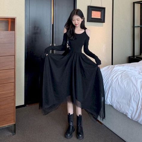 Korean Fashion Dress Party, Korean Prom Dresses, Gothic Plus Size, Goth Party, Black Long Dress, Elegant Mini Dress, Cute Dress Outfits, Woman Suit Fashion, Korean Fashion Dress