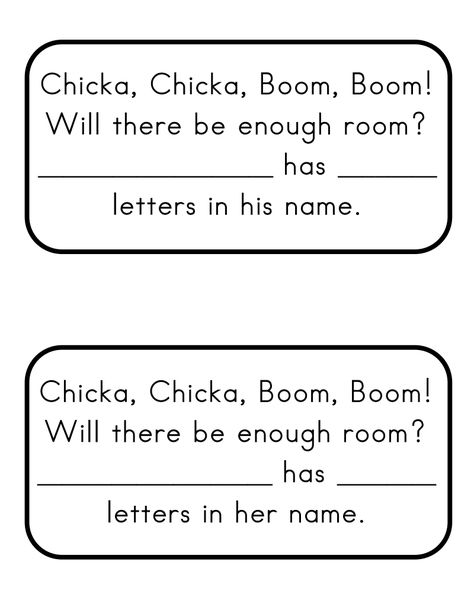 chicka chicka boom boom sentence frame.  more pre-k with cc standards now... but could add like ___vowels and __ consonants in name. Chicks Chicka Boom Boom Crafts, Chicks Chicka Boom Boom Activities, Chicka Chicka Boom Boom Activities, Class Books, Preschool Names, Sentence Frames, Chicka Chicka Boom Boom, Kindergarten Language Arts, Chicka Chicka