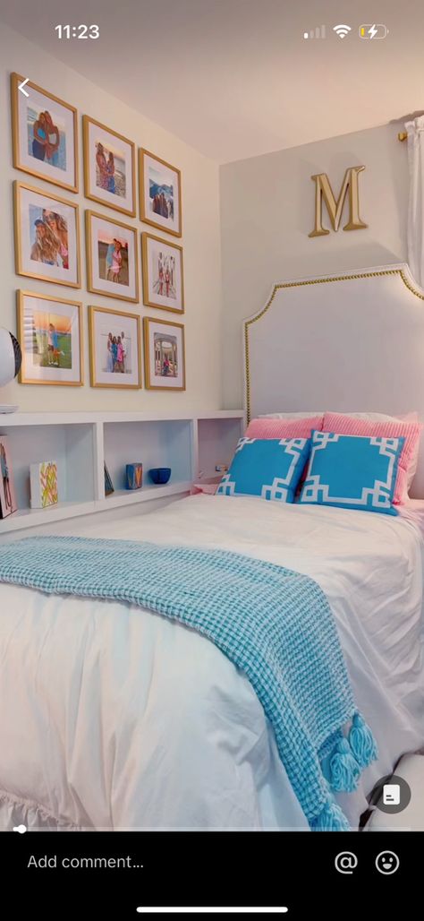 Aesthetic Dorm Wall Decor, College Dorm Room Wallpaper, Light Pink And Blue Room Aesthetic, The Leroys Youtube House, Vibrant Room Ideas, Pink Blue And White Dorm Room, Greek Dorm Room, Sorority House Room Ideas, University Of Tampa Dorm