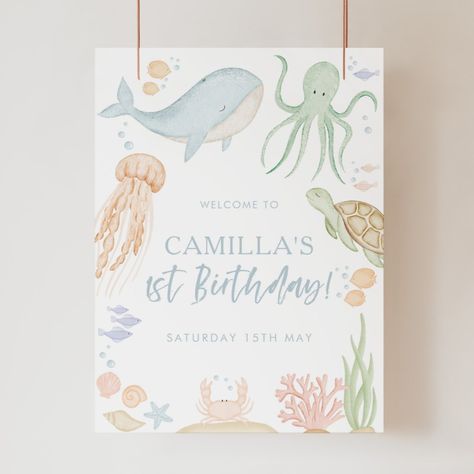 Oneder The Sea 1st Birthday, Oneder The Sea, Ocean Baby Showers, Ocean Theme Birthday, Under The Sea Birthday Party, Ocean Birthday Party, Animal Birthday Invitation, Boy Shower Invitations, Ocean Birthday