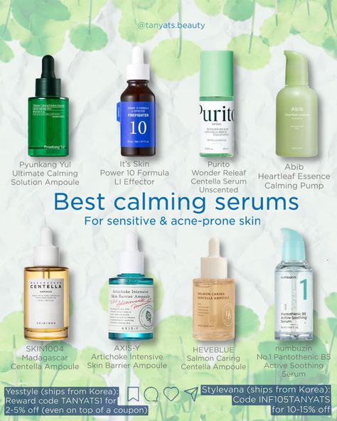 🍃 Best calming serums for sensitive & acne-prone skin: ▫️ Pyunkang Yul Ultimate Calming Solution Ampoule — A powerful calming blend of various herbal extracts. I highly recommend this serum, along with the cream from this line, for those with oily and combination acne-prone skin. ▫️ It’s Skin Power 10 Formula LI Effector — My favorite serum to reduce redness. The star ingredient here is licorice extract. ▫️ Purito Wonder Releaf Centella Serum Unscented — They recently upgraded the formula,... Redness Skincare, Centella Serum, Sensitive Acne Prone Skin, Dry Oily Skin, Pyunkang Yul, Acne Serum, Dry Skin Care, Skin Care Serum, Herbal Extracts