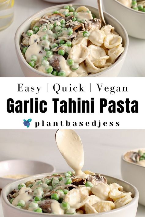 Close up on a bowl of creamy tahini pasta sauce over short pasta and topped with peas. Lemon Tahini Pasta, Tahini Pasta Sauce, Tahini Pasta, Recipes With Coconut Cream, Edible Ideas, Cream Sauce Pasta, Easy Pasta Sauce, Tahini Recipe, Dairy Free Pasta