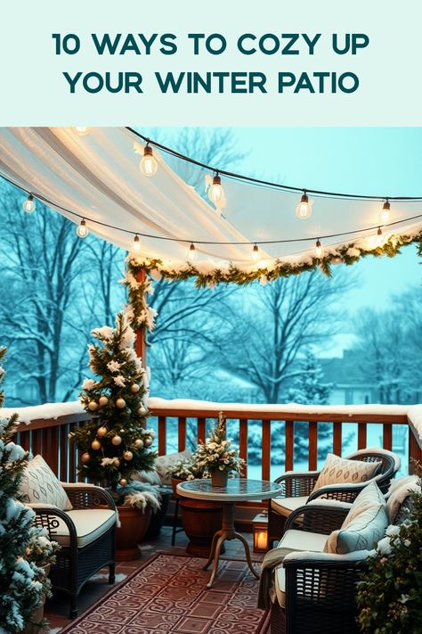 Transform your winter patio into a warm and inviting space with our top 10 cozy ideas! Embrace the cold nights with fun outdoor movie nights under twinkling lights and cozy blankets. From adding windbreaks to creating a fire pit setting, there are so many ways to make the most of your patio during winter. Consider setting up comfortable seating with thick cushions or even adding a hot drink station to give your outdoor gatherings that extra flair. Your winter evenings have never been so inviting and enjoyable! Cozy Winter Porch Ideas, Winter Backyard Ideas Cold Weather, Winter Patio Decorating Ideas, Winter Terrace Ideas, Patio Winter Decor, Winter Deck Ideas, Winter Patio Decor, Winter Patio Ideas Cold Weather, Winter Backyard Ideas