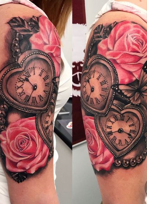 Tato Jam, Clock And Rose Tattoo, Tattoo Fairy, Pink Rose Tattoos, Watch Tattoo, Rose Tattoos For Women, Clock Tattoo Design, Watch Tattoos, Clock Tattoo