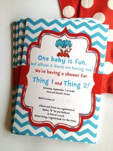 Dr Seuss Thing 1 and 2 Twins Birthday Party or Baby Shower Printable Invitation Twins Birthday Party, Baby Shower Twins, Twin Baby Shower Gifts, Fiesta Shower, Twin Birthday Parties, Dr Seuss Baby Shower, Dr. Seuss, Twins Baby Shower Invitations, Boy Baby Shower Ideas