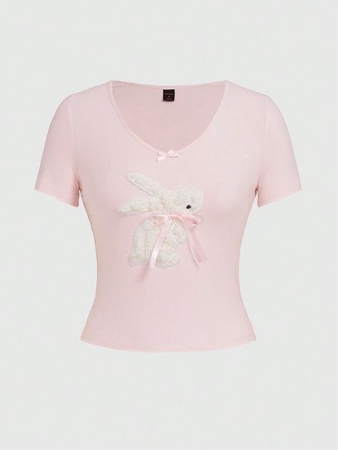 ROMWE Kawaii Women's Rabbit & Bowknot Embroidery Towel Fabric V-Neck Short Sleeve T-ShirtI discovered amazing products on SHEIN.com, come check them out! Romwe Kawaii, Pink Outfit, Kawaii Fashion, Amazing Products, Fashion Inspo, Polo Shirt, Style Inspiration, V Neck, Embroidery