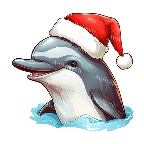 Santa Hat Transparent, Dolphin Clipart, Animal Clip Art, Dolphin Art, Whimsical Christmas, Clipart Design, Ocean Themes, Sea Animals, Animal Illustration