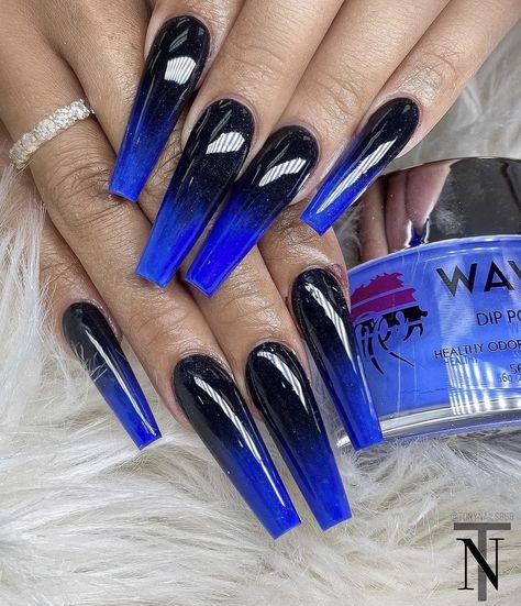 Royal Blue Black And White Nails, Blue And Black Birthday Nails, Black Red And Blue Nails, Black And Blue Nails Ideas, Blue And Black Ombre Nails, Black And Blue Acrylic Nails, Black And Royal Blue Nails, Deep Blue Nails Designs, Royal Blue And Black Nails