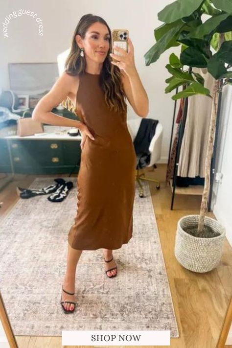 Brown Satin Dress Outfit for Fall Wedding Guest Dress. Brown Satin Dress Outfit, Wedding Guest Dress For Fall, Satin Dress Outfit, Brown Satin Dress, Brown Slip Dress, Slip Dress Outfit, Plaid Shirt Outfits, Wedding Guest Outfit Fall, Fall Wedding Guest