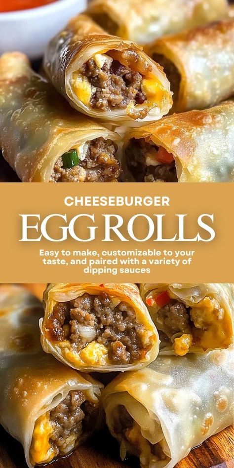 These Cheeseburger Egg Rolls are sure to become a crowd-pleaser! 🍔🥟 Filled with seasoned beef, melty cheese, and wrapped in a crispy shell, these egg rolls are perfect for parties, game days, or snacks. Serve with dipping sauce for an extra burst of flavor!

📌 Save this pin to make crispy and delicious cheeseburger egg rolls that everyone will love!
#CheeseburgerEggRolls #PartySnacks #GameDayFood #AppetizerIdeas #CrowdPleasers #EasyRecipes Cheeseburger Eggrolls Recipe, Cheeseburger Egg Rolls Recipe, Eggrolls Recipe, Cheeseburger Egg Rolls, Recipe Ground Beef, Egg Rolls Recipe, Mustard Chicken Recipes, Unique Dinner, Fun Dinner