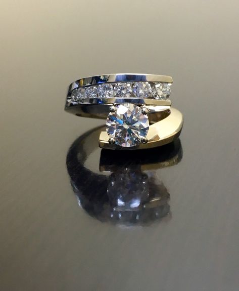 Dekara Designs Clearance Metal-14K Yellow Gold, 14K White Gold, .583.  Heavy Ring 11.0 Grams! Stones- 1 EGL USA Certified Round Diamond G Color SI1 Clarity 1.21 Carats, 7 Round Diamonds G Color VS2 Clarity, 0.60 Carats. Ring comes with EGL Certificate. Size-6 3/4.  FREE SIZING 14K two tone gold marquise diamond engagement ring handmade by DeKara Designs.   Modern, Extremely Brilliant, Beautiful Round Diamond Engagement Ring made in 14K Two Tone Gold.  The center diamond is EGL Certified with a n 3 Stone Engagement Rings With Band Gold, Modern Diamond Rings Design Unique, Resetting Diamonds Ideas, Wide Band Diamond Rings, Modern Diamond Rings, Two Tone Engagement Rings, Custom Diamond Rings, Marquise Diamond Engagement Ring, Wedding Ring Styles