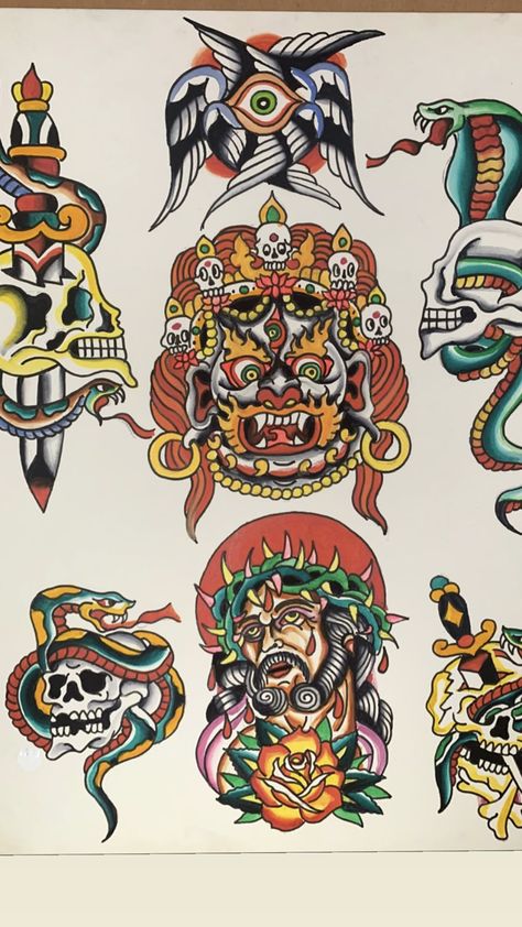 American Traditional Tattoo Design Flash, Dan Higgs Tattoo Flash, Dan Higgs Flash, Dan Higgs, American Traditional Skull Tattoo, Traditional Tattoo Black And White, Traditional Tattoo Flash Sheets, Wizard Tattoo, Strong Tattoos