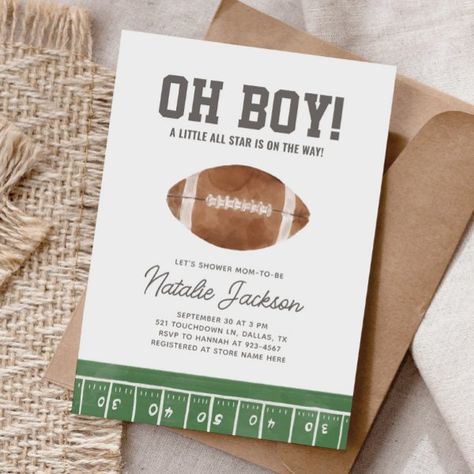 Oh Boy Football Baby Shower Invitation Football Theme Baby Shower Ideas, Sports Baby Shower Theme For Boys, Football Baby Shower Ideas, Football Baby Shower Theme, Football Baby Shower Invitations, Football Boy, Baby Boy Invitations, Football Baby Shower, Sports Baby Shower