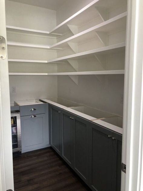 Party Pantry Remodel | Hometalk Pantry Garbage Can, Pantry Trash Can Ideas, Trash Can In Pantry, Pantry Before And After, Narrow Walk In Pantry Ideas Layout, Narrow Walk In Pantry, Walk In Pantry Ideas Layout, Party Pantry, L Shaped Pantry