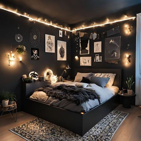 Dark Vibes Bedroom, Black Ceiling In Bedroom, Dark Neon Bedroom Aesthetic, Gothic Dorm Room Ideas, Room Ideas With Black Bed Frame, Bedroom Ideas Dark Aesthetic, Simple Goth Bedroom, Black Bedroom Small, Rich Bedroom Ideas