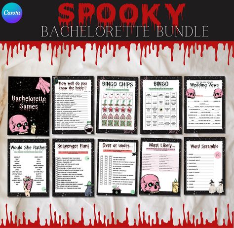 Bachelorette Party Most Likely To, Spooky Bachelorette Party Games, Halloween Bachelorette Party Ideas, Bachelorette Printables, Spooky Bachelorette Party, Cabin Weekend, Bachelorette Weekend Itinerary, Bachelorette Invitation, Mimosa Bar Sign