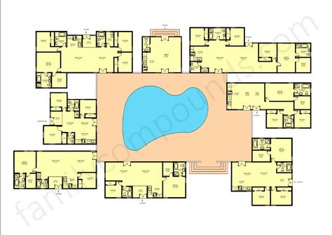 8 Fantastic Family Compound Layouts With House Floor Plans Multi Building Home, Family Compound Floor Plans, Multi House Family Compound Floor Plan, Co Housing Floor Plan, Multi Family Floor Plans, Floor Plans With Guest House, 3 Houses In One Compound Plan, Multiple Houses On One Property, 6 Apartment Building Plans