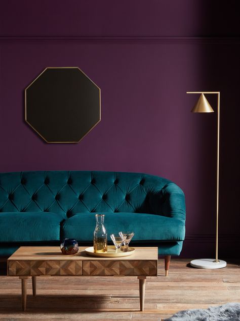 Purple Living Room, Purple Walls, Exclusive Furniture, Front Room, 3 Seater Sofa, Room Colors, Green Velvet, Room Interior, Wall Colors