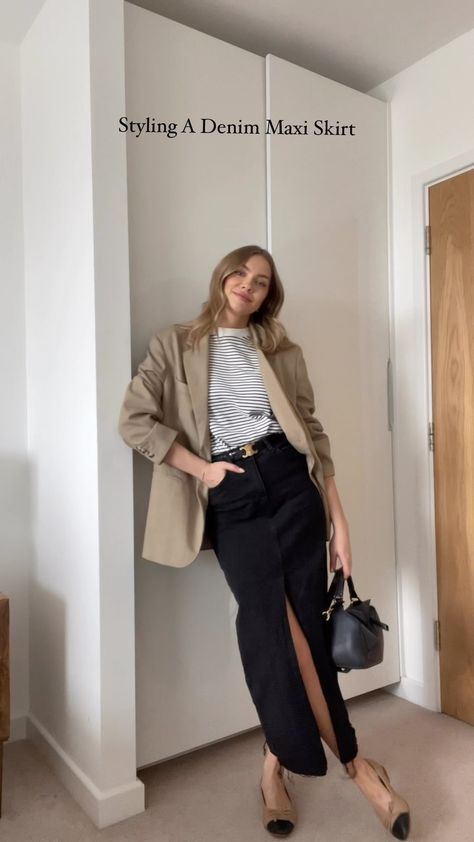 Mia Luckie on Instagram: “Seeing as we all own a denim maxi skirt (or3), here’s 7 ways I’ll be wearing mine #denimmaxi #denimskirt #officeoutfits…” Maxi Denim Skirt Outfit, Maxi Skirt Work, Office Skirt Outfit, Jean Skirt Outfits, Celine Triomphe, Denim Skirt Outfits, Maxi Skirt Outfits, Long Denim Skirt, Cut T Shirt