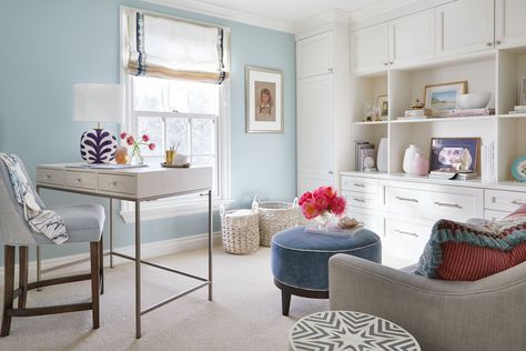 A lovely home office and woman's retreat - Fig Interiors Pale Blue Office, Blue Home Office, Feminine Home Office, Blue Home Offices, Modern Country Decor, Feminine Room, Feminine Home, Styling Bookshelves, Feminine Home Offices