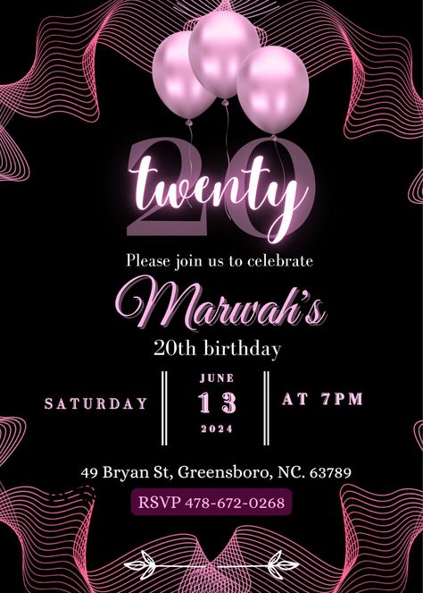 20th Birthday Invitations, Twenty Birthday, Birthday Party Invitation Card, 13th Birthday Invitations, Bday Decor, Birthday Invitation Card Template, 20th Birthday Party, Foto Inspo, Roaring 20s Party