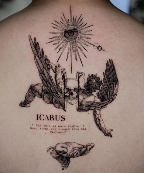 Icarus Tattoo, Memento Mori Tattoo, Ancient Art Tattoo, Atlas Tattoo, Cool Back Tattoos, Tatuagem Masculina Pequena, Small Chest Tattoos, Back Piece Tattoo, One Piece Tattoos