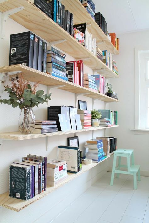 Wall Shelves Layout Ideas, Wall Bookshelves Office, Horizontal Bookshelf On Wall, Making Book Shelves Diy, Diy Wall Of Shelves, Diy Open Bookshelves, Extra Long Wall Shelves, Diy Shelf For Books, Office Decor Bookshelves