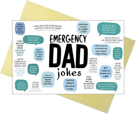 Dont forget to get the man in your life a father's Day card! Emergency Dad jokes are here to save the day! #FathersDayCard #GraduationCard #ThankYouCard #Stationary Card For Father, Cards For Dad, Funny Joker, Birthday Card For Dad, Gold Envelope, Father's Day Greetings, Dad Jokes Funny, Funny Fathers Day Card, Message Cards