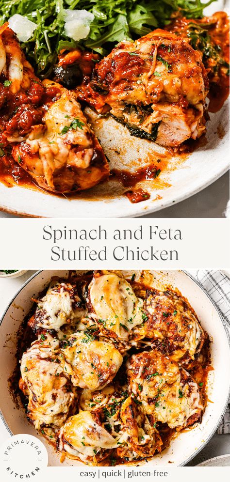 Turn your usual chicken dinner into something special with this Spinach and Feta Stuffed Chicken recipe! It features fresh spinach, two types of cheese, and tender chicken baked to perfection! Chicken Spinach Basil Recipes, Chicken And Spinach Recipes, Spinach And Feta Stuffed Chicken, Firehouse Recipes, Spinach Feta Chicken, Feta Stuffed Chicken, Chicken Primavera, Feta Stuffed Chicken Breast, Stuffed Chicken Recipe