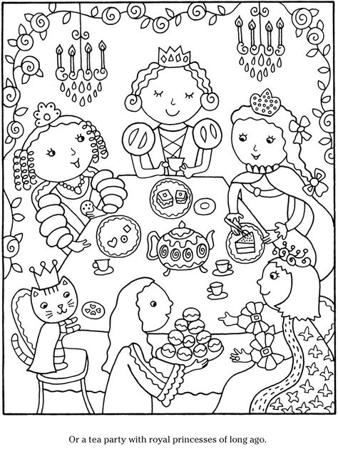 COLOR AND COOK TEA PARTY! by: Monica Wellington - Dover Publications EXCERPT 2 Party Coloring Pages, Tea Party Crafts, Pencil Coloring, Kids Tea Party, Kid Coloring Page, Girls Tea Party, Dover Publications, Mandala Coloring Books, Spring Party