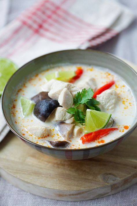 Thai Chicken Galangal Soup (Tom Kha Gai): Quick and easy Tom Kha soup with chicken, mushroom and coconut milk in a bowl. Tom Kha Soup, Coconut Chicken Soup, Thai Coconut Chicken Soup, Thai Coconut Chicken, Tom Kha Gai, Soup With Chicken, Tom Kha, Rasa Malaysia, Chicken Mushroom