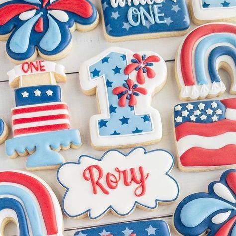 Red White And Due Baby Shower Cookies, One Little Firecracker Birthday, 4th Of July Baby Shower Cookies, Our Little Firecracker Is Turning One, Firecracker Cookies, Red White Blue First Birthday, Patriotic Birthday Cookies, Patriotic Cookies, First Birthday Cookies