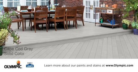 Cape Cod Gray Stain/Olympic Exterior Wood Stain Colors, Best Deck Stain, Green Deck, Deck Stain Colors, Grey Stained Wood, Exterior Wood Stain, Deck Colors, Deck Paint, Staining Deck