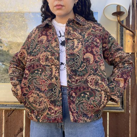 Beautiful tapestry jacket from my personal closet!... - Depop Woven Tapestry Hoodie, Tapestry Blanket Jacket, Tapestry Jacket Outfit, Beautiful Tapestry, Teacher Fits, Tapestry Jacket, Blanket Jacket, Personal Closet, Tapestry Blanket