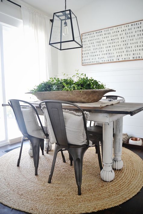 Antique dough bowl early spring centerpiece Table With Metal Chairs, Kitchen Table Centerpiece, Black Chairs, Farmhouse Dining Chairs, Dining Room Spaces, Rustic Chair, Farmhouse Dining Table, Farmhouse Dining Room, Table Black