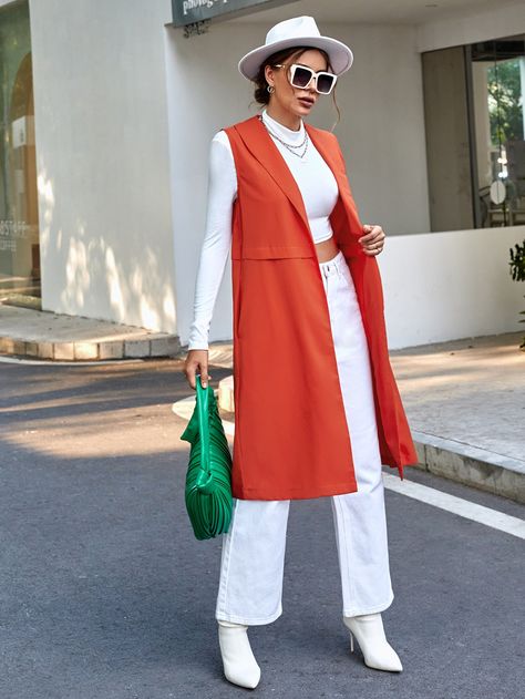 Orange Vest Outfit, Plain Vest, Orange Coat, Mixing Colors, Women Outerwear, Women Coats, Sleeveless Cardigan, Color Naranja, Vest Coat