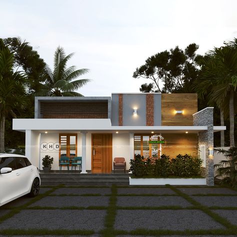 Modern Flat Roof House with Garden Veranda Design House Design With Garden, Ground Floor Elevation Design Modern, Roof House Design, Small House Design Kerala, Garden Veranda, Flat Roof House Designs, Single Floor House Design, Kerala Home, Roof Garden Design