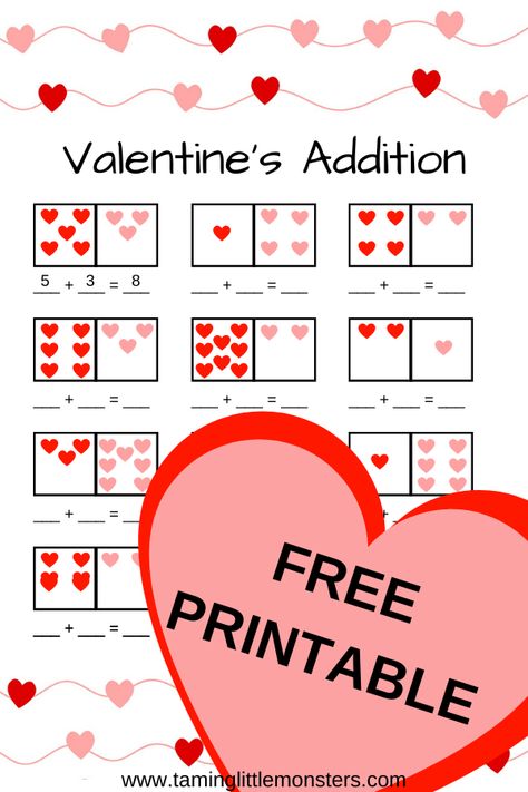 Learn some basic counting and addition with this FREE Valentine's Math Printable from Taming Little Monsters. A fun, no prep worksheet for 1st Grade kids.  #math #valentines #freeprintable Valentine Math Worksheet, Valentine Math Activities, Valentine Worksheets, Addition Worksheet, Kindergarten Valentines, Math Valentines, February Ideas, February Valentines, Preschool Valentines