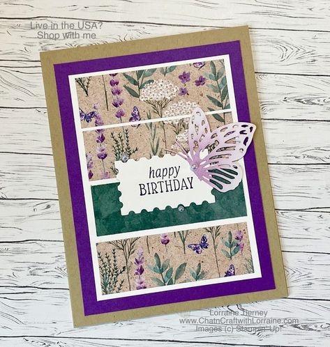 Perennial Lavender Birthday - ChatnCraft with Lorraine Dandy Designs Dsp Stampin Up Cards, Lavender Stamp, Painted Lavender, Card Measurements, Everyday Cards, Purple Cards, Butterfly Card, Card Layouts, Hello Cards