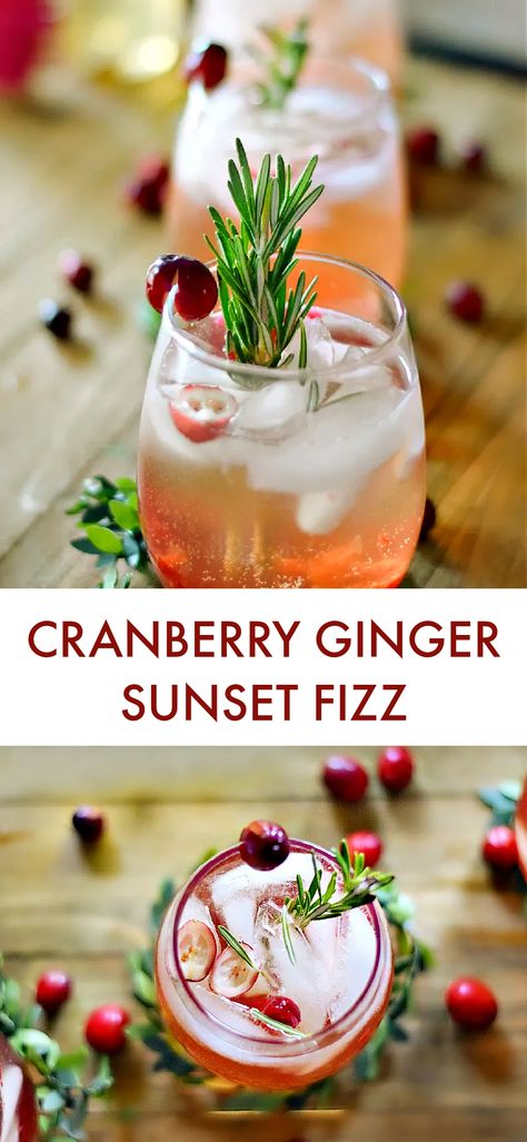 Cranberry Ginger Sunset Fizz is made with fresh cranberries, gin (or ginger beer – mocktail version), natural flavors of ginger, lime, and all the fizz! You can enjoy this drink as a delicious and refreshing cocktail or mocktail. It’s absolutely perfect for the holiday season! Drinks With Cranberry Ginger Ale, Cranberry Gingerale Cocktails, Ginger Beer Cranberry Mocktail, Gingerale Cocktail, Drinks With Ginger Beer, Ginger Mocktail, Fizz Mocktail, Ginger Beer Drinks, Ginger Ale Cocktail