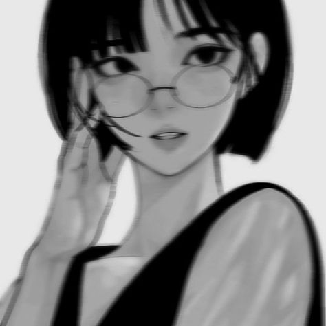 Anime With Bangs Icon, Glasses Anime Woman, Anime With Glasses Pfp, Anime Icons Short Hair, Short Black Hair Anime Woman, Short Hairstyle Women Anime, Short Haired Anime Woman, Glasses Girl Drawing, Anime Short Hair Female