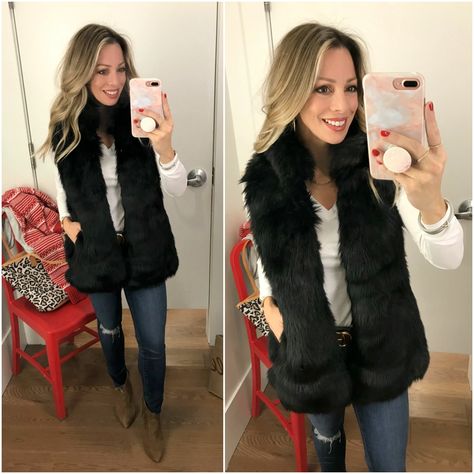 Black Friday Sales GAP faux fur vest Black Fur Gilet Outfit, Black Faux Fur Vest Outfit, Fur Vest Outfit Dressy, Black Fur Vest Outfit Ideas, Fur Gilet Outfit, Vests Outfits, Black Fur Vest Outfit, Edgy Office Fashion, Faux Fur Vests Outfits