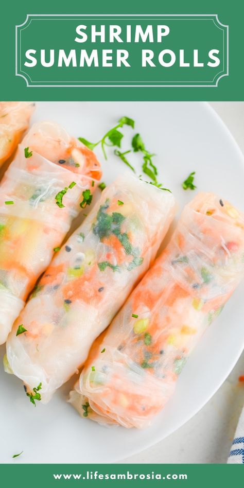 Cool and crisp Shrimp Summer Rolls stuffed with a mixture of shrimp, cucumbers, carrots, cilantro, green onions and sweet chili sauce. Shrimp Summer Rolls, Summer Rolls Recipe, Shrimp Spring Rolls, Summer Rolls, Party Food And Drinks, Sweet Chili Sauce, Easy Appetizer Recipes, Sweet Chili, Party Food Appetizers