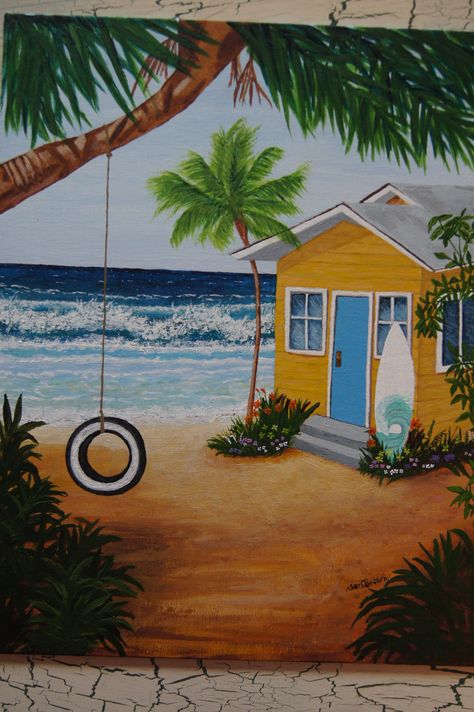 Acrylic Beachside Cottage  I made some mistakes but am learning.  Next time I paint a bldg., I'll use a T Square Beach Houses Paintings, Beach House Drawing, Beach House Painting, Beachside Cottage, Surfboard Painting, Butterfly Art Drawing, Beach Drawing, Beach Art Painting, Simple Canvas Paintings