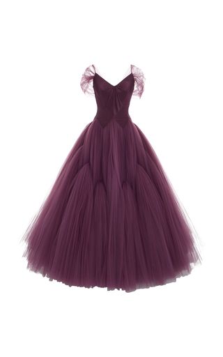 Gown Moda Operandi, Purple Evening Gowns, Marchesa Fashion, Gown Purple, Purple Long Dress, Purple Evening Dress, Off Shoulder Long Dress, Off Shoulder Evening Dress, Silk Tulle