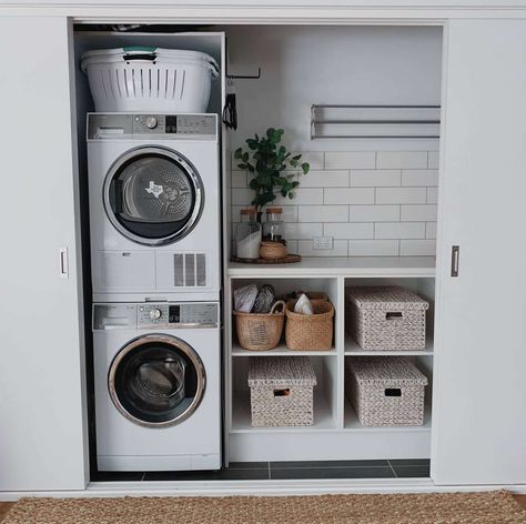 Laundry Room Decorating, Tiny Laundry, Laundry Room Organization Storage, Stacked Laundry Room, Laundry Room Storage Shelves, Laundry Room Ideas Small Space, Small Laundry Room Organization, Tiny Laundry Rooms, Room Storage Diy