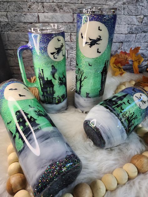 Leap into the spooky season with this custom made glittered 12/14/15/16/20/24/25/30/40 oz stainless steel travel tumbler. Comes with lid, and reusable straw (no straw given for stemless wine tumbler or handled coffee mug). Sealed with epoxy that is safe for incidenal food contact.  Check photos to see what size and type of tumblers are available on hand. Other options may be available upon request but may result delay shipping time. If selecting the 14 oz option, please specify in the notes section if you want your tumbler with a handle or without. *FREE SHIPPING* Do not put in dishwasher, hand wash ONLY! Do not put in microwave! Handle with care! If you have any questions, please feel free to message me. Fall Tumblers, Fabric Tumblers, Resin Cups, Halloween Tumblers, Epoxy Pens, Starbucks Cup Design, Tumbler Inspiration, Resin Tumblers, Circuit Ideas