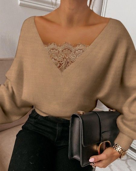 Guipure Lace, Refashion Clothes, Trend Fashion, Fashion Mode, Knit Fashion, Batwing Sleeve, Fashion Tops, Tie Back, Deep V Neck