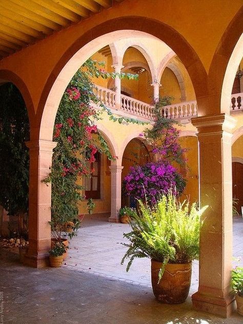 Mexican Patios, Mexican Patio Hacienda Style, Outdoor Hallway, Mexican Style Homes, Interior Courtyard, Hacienda Homes, Spanish Hacienda, Mexican Hacienda, Hacienda Style Homes